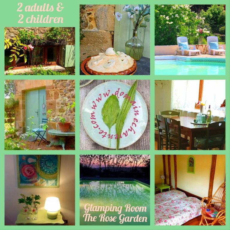 un collage de photos d'une maison dans l'établissement Glamping Room The Rose Garden with own garden - external shower & toilet and kitchen, à Mazières