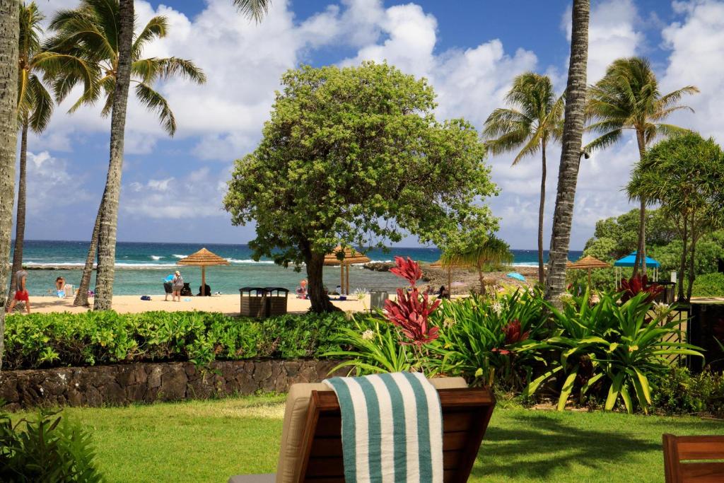 a beach with palm trees and a chair in a park at Villa 102 at Turtle Bay in Kahuku