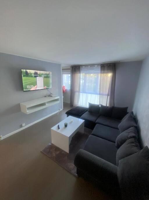 un salon avec un canapé noir et une télévision dans l'établissement T2 Chevilly-Larue proche Metro 14, à Chevilly-Larue