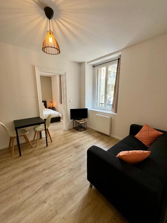 un salon avec un canapé et une table dans l'établissement Le cocon Mulhouse, à Mulhouse