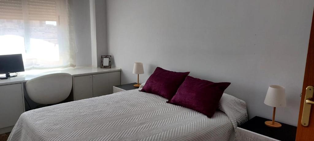 a bedroom with a bed with purple pillows and a window at Apartamento Calle Tinte in Albacete