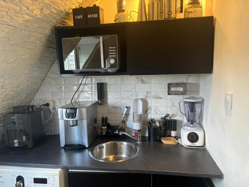 a kitchen counter with a sink and a microwave at Studio avec vue sur Sacré-Coeur in Paris