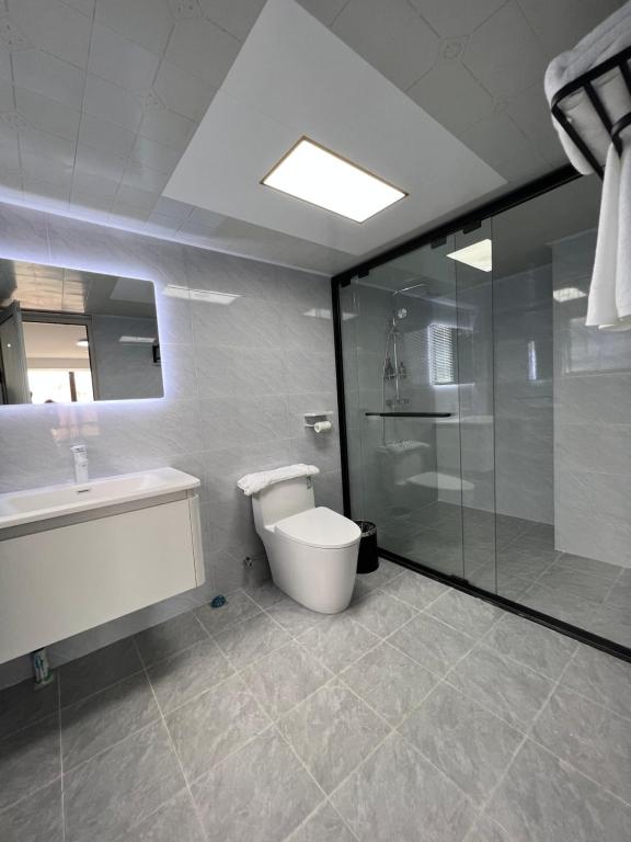 a bathroom with a shower and a toilet and a sink at 桂林依庐居民宿 in Guilin