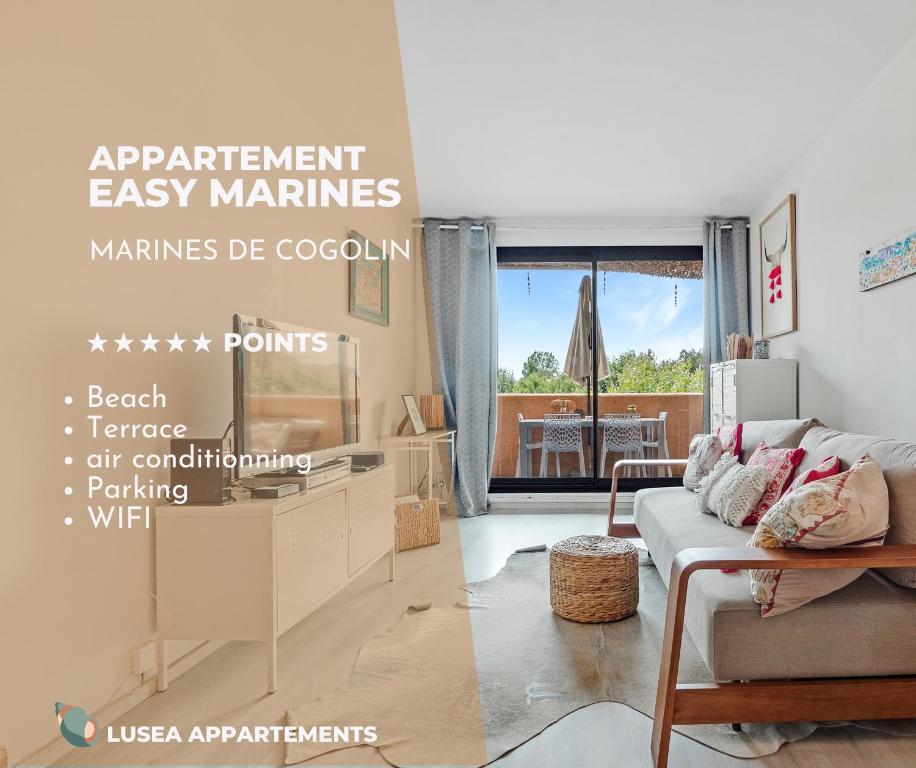 un salon avec un canapé et une table dans l'établissement EASY MARINES - proche plage, à Cogolin