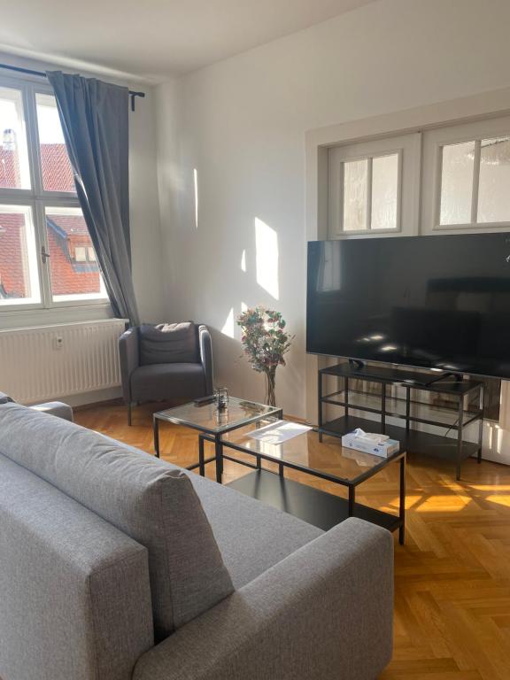 a living room with a couch and a flat screen tv at Apartmán v centru Krumlova in Český Krumlov