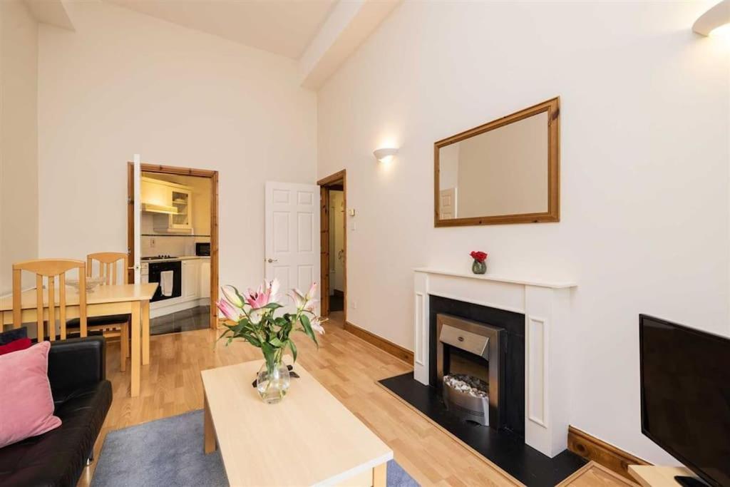 a living room with a couch and a fireplace at Cozy Apartment Steps from Everything - Heart of Dublin in Dublin