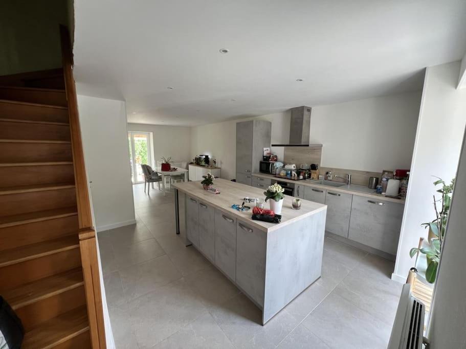 une grande cuisine avec un grand comptoir au milieu dans l'établissement Maison de Village, à Sainte-Marie-sur-Ouche