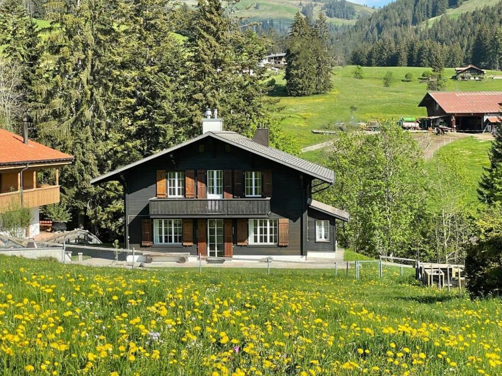 a house in the middle of a field of flowers at Lovely 4 Bedroom Chalet Great for Ski Holiday in Saanenmöser