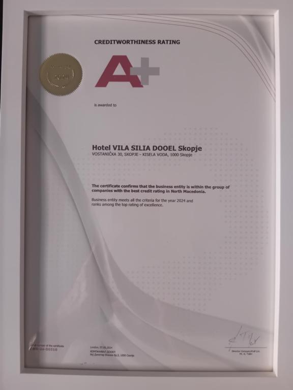 Certifikát, hodnocení, plakát nebo jiný dokument vystavený v ubytování Vila Silia