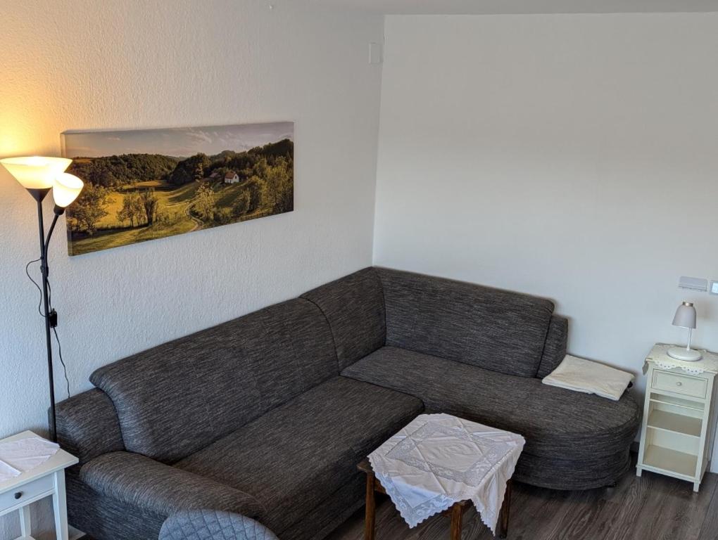 a living room with a couch and a table at Ferienwohnung Oker - City Center - Keybox and Balkony in Braunschweig