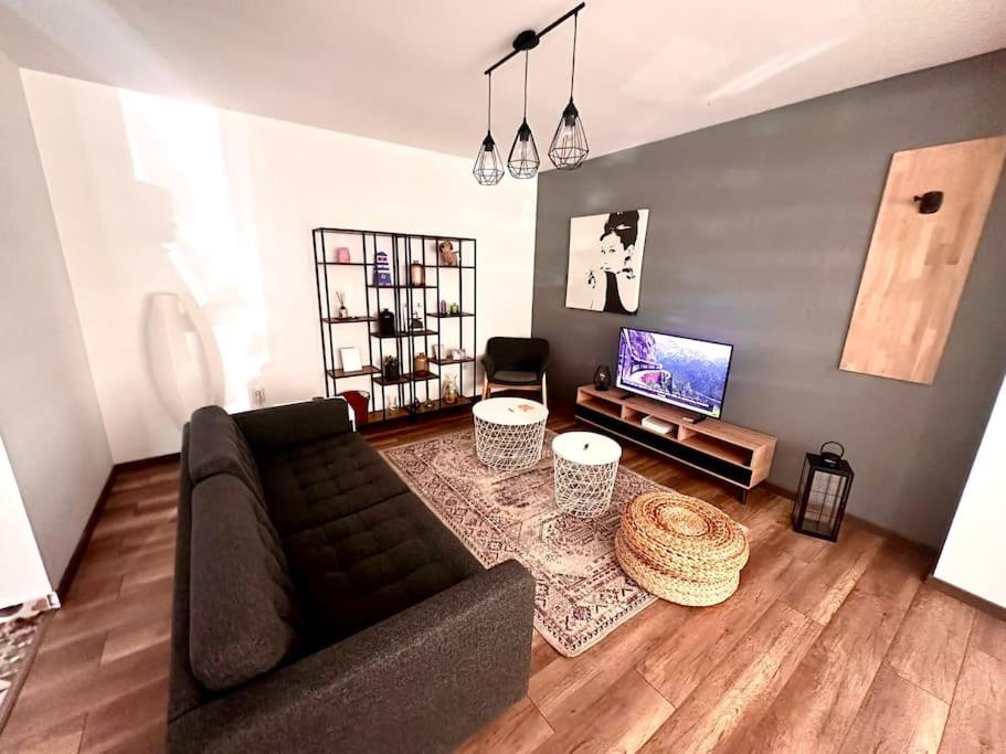 a living room with a couch and a television at Casa curte interioara, centru in Cluj-Napoca