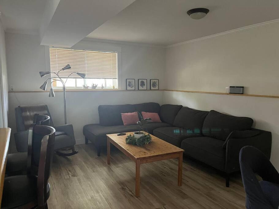 una sala de estar con un sofá y una mesa en Michaud's Basement unit, en Nakusp