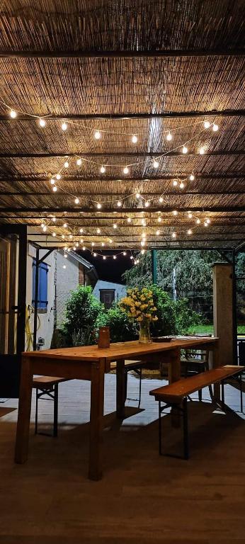 une grande table en bois avec des lumières au-dessus dans l'établissement le temps d'aime, à Saint-Martin-sur-Ocre