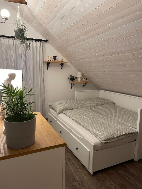 una camera da letto con letto in mansarda di Apartmán u Stef a Borotice