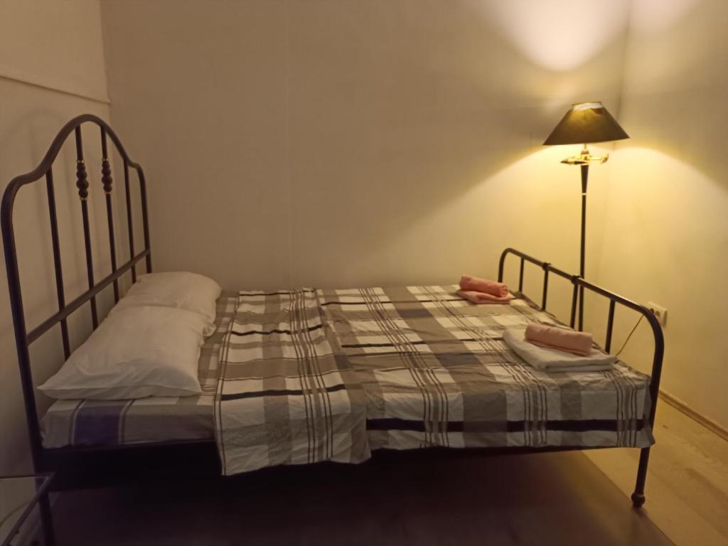 a bedroom with a bed with a metal frame and a lamp at LEO Apartment in Belgrade