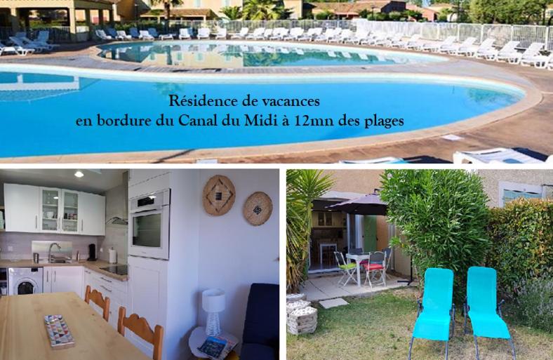 un collage de deux photos d'une maison et d'une piscine dans l'établissement maisonnette de vacance dans résidence avec piscine à 12m des plages, à Colombiers