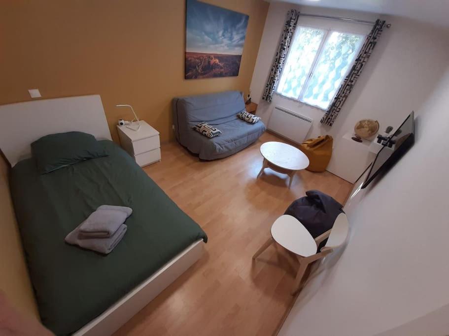 Un dormitorio pequeño con una cama y un sofá. en Appartement Gîte des 3 Enfants, en Montluel