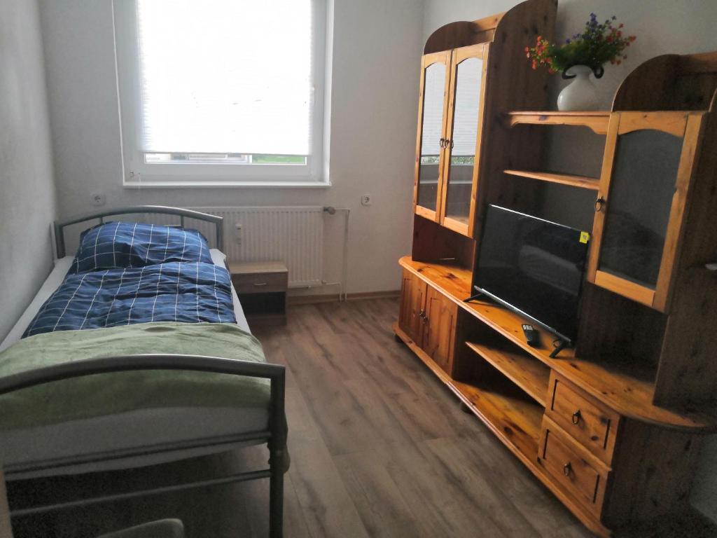 a bedroom with a bed and a tv and a dresser at Monteurzimmer und Reisende in Salzgitter