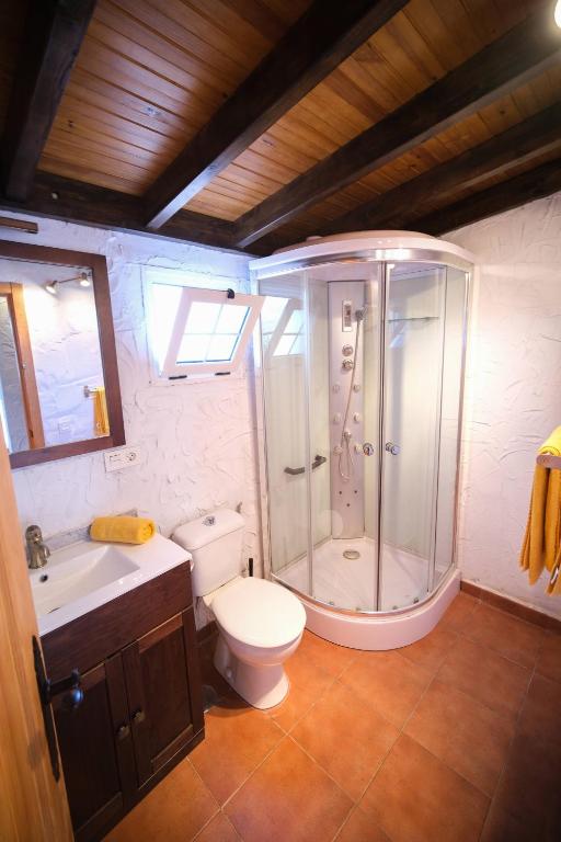a bathroom with a shower and a toilet and a sink at Club JM Lanzarote in Tabayesco