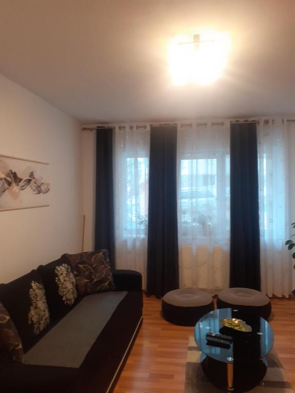 a living room with a couch and a table at Apartament PARTER in Slănic-Moldova