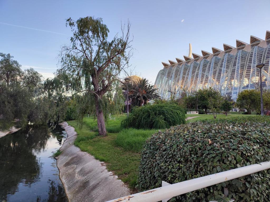 une rivière avec un bâtiment en arrière-plan à côté d'un bâtiment dans l'établissement Turia Gardens Rooms - Authentic Valencia Parklife Downtown - VLC Urban Rental, à Valence