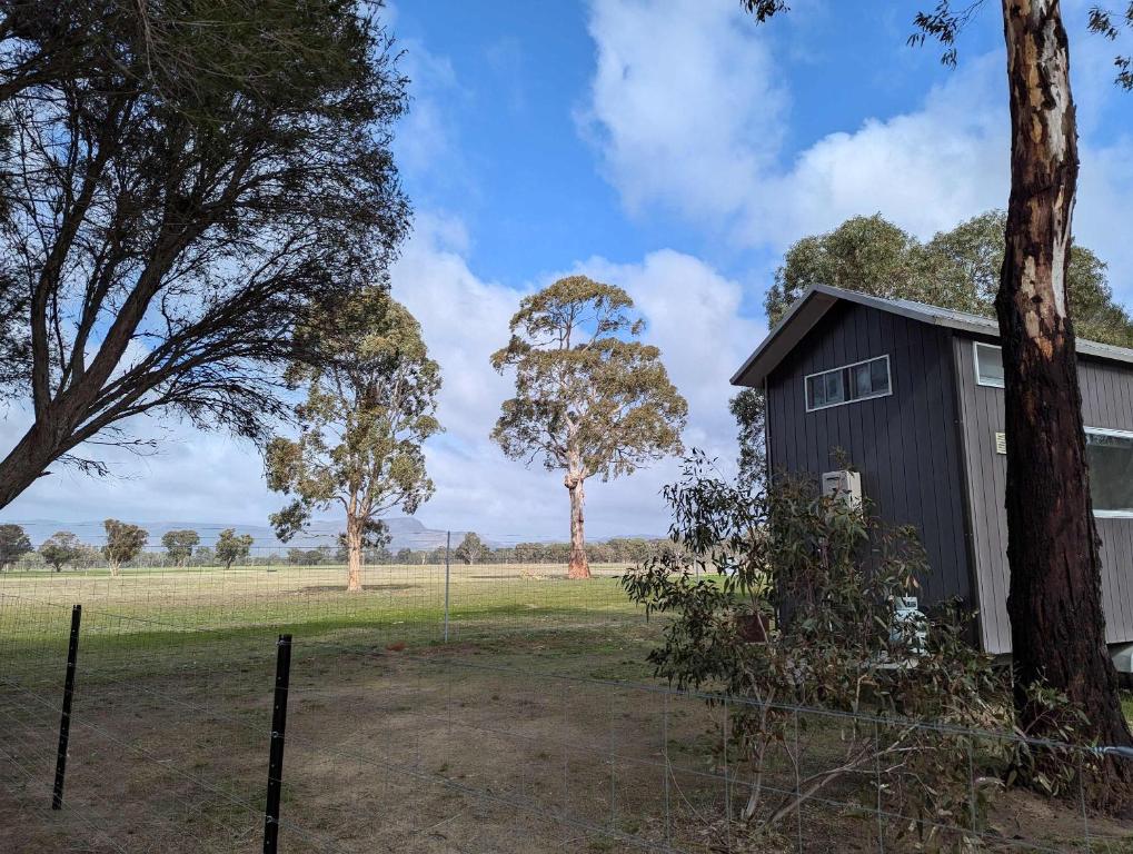 a shed in a field with trees in the background at Briggs Bluff View by Tiny Away in Dadswells Bridge