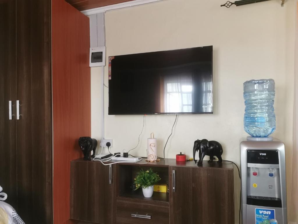 a room with a tv on a wall with a cabinet at Micasa Homes BnB D6 in Limuru