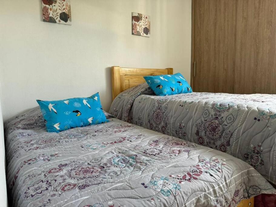 een slaapkamer met 2 bedden en blauwe kussens bij Apto completo Bello horizonte in Playa Bello Horizonte