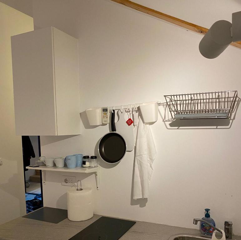 a kitchen with a pot and a pans hanging from a wall at AQUA Apartment in Belgrade