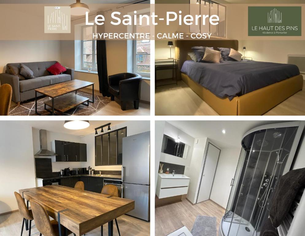 a collage of four pictures of a bedroom and a living room at Hypercentre, calme, cosy - Le Saint-Pierre in Pontarlier