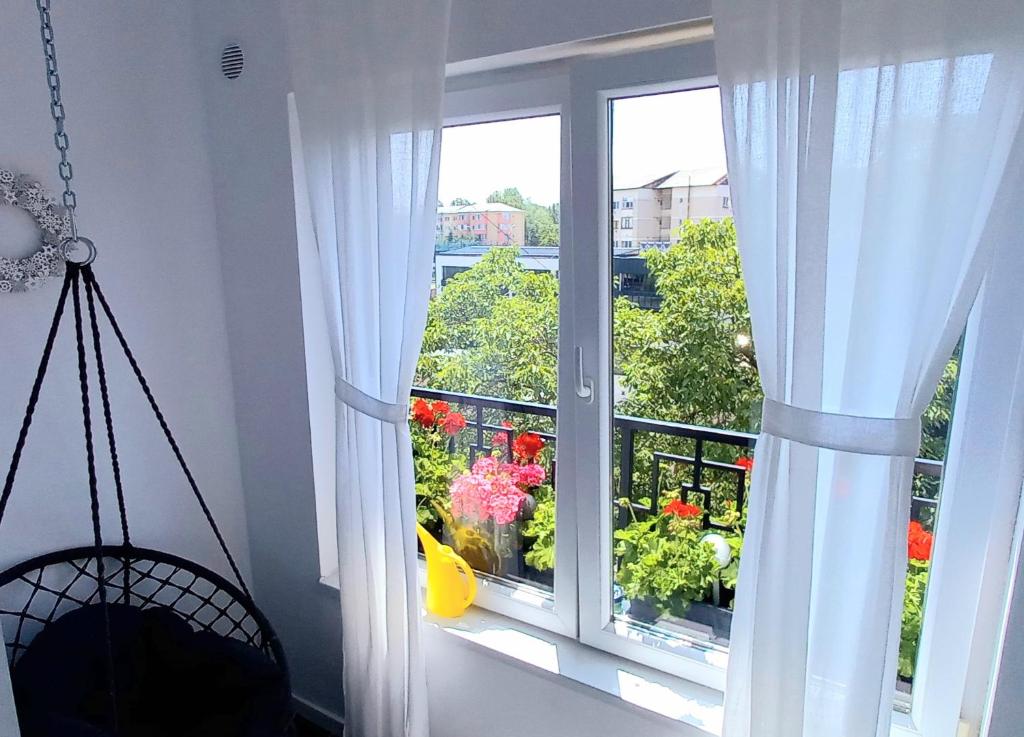 Una ventana con vista a un balcón con flores. en COQUETTE 2-Dormitoare, en Baia Mare
