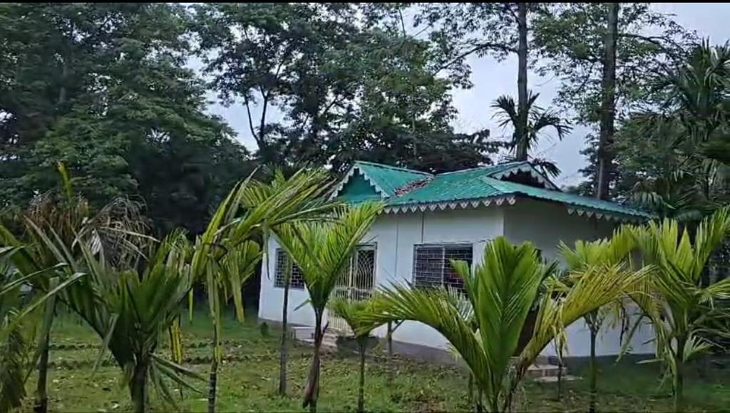 une maison avec un toit vert et quelques palmiers dans l'établissement Jaldapara Eco Resorts by StayApart, à Mādāri Hāt