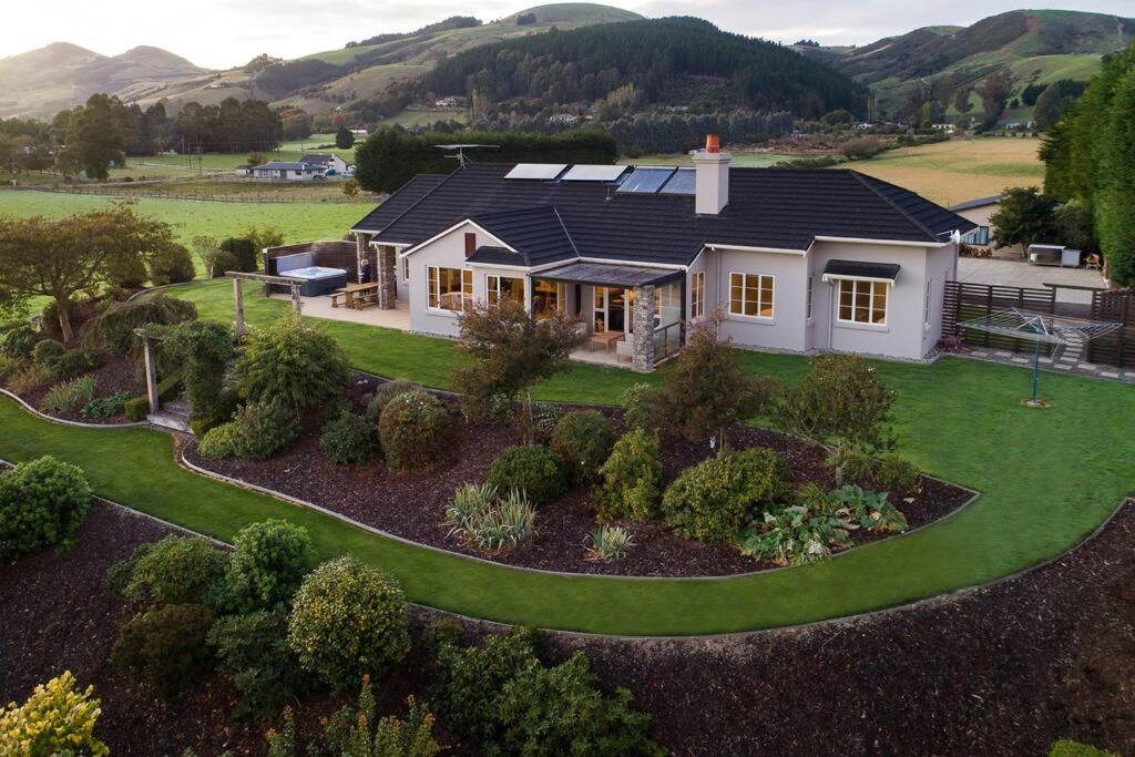 an aerial view of a house with a garden at Meadowbank Taieri View in Allanton