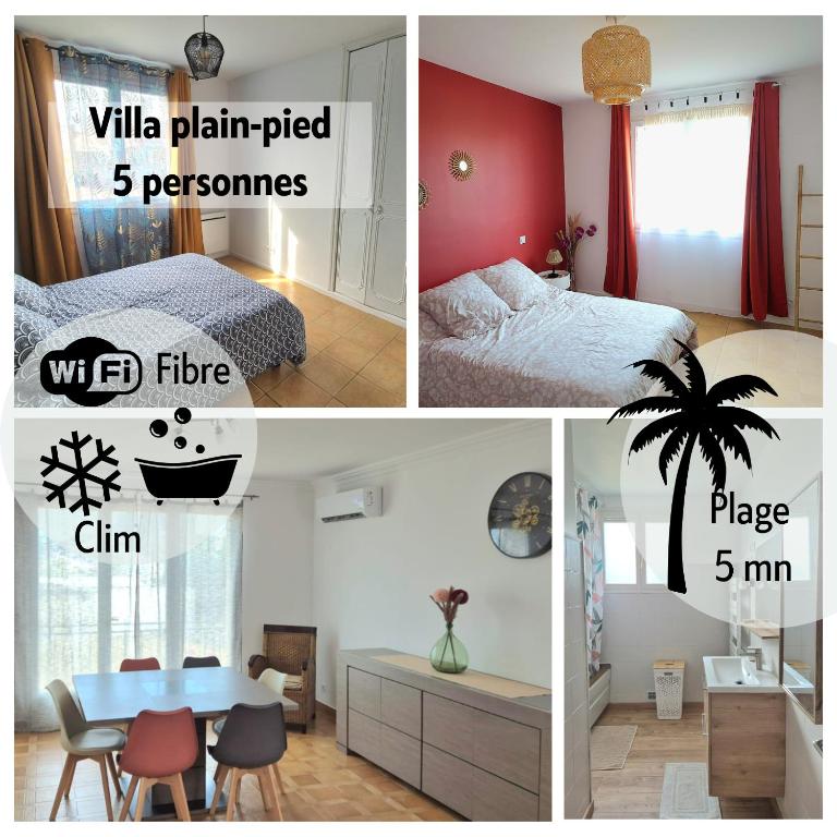 un collage de quatre photos d'une chambre dans l'établissement Havre de paix, proche de la mer, à Sérignan