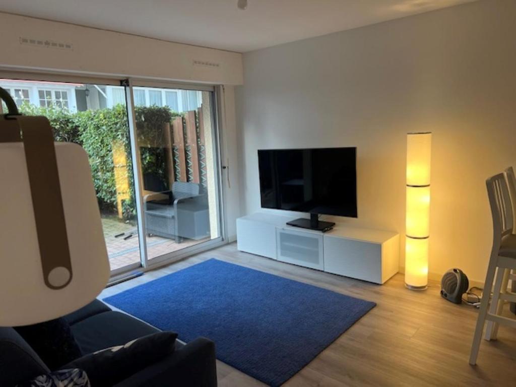 - un salon avec une télévision et un tapis bleu dans l'établissement Appartement T2 Cabine terrasse, à Le Touquet-Paris-Plage