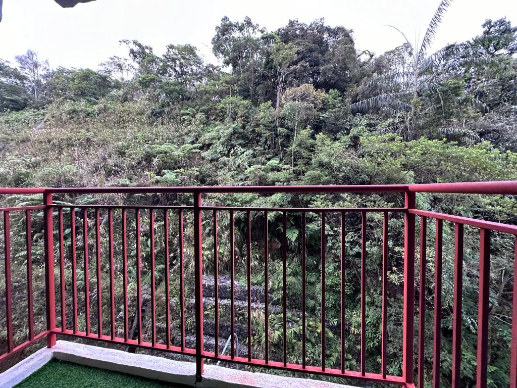 ブリンチャンにあるAdamhawa Homestay 3 Emerald Avenue Brinchangの木々が茂るバルコニーの赤い手すり