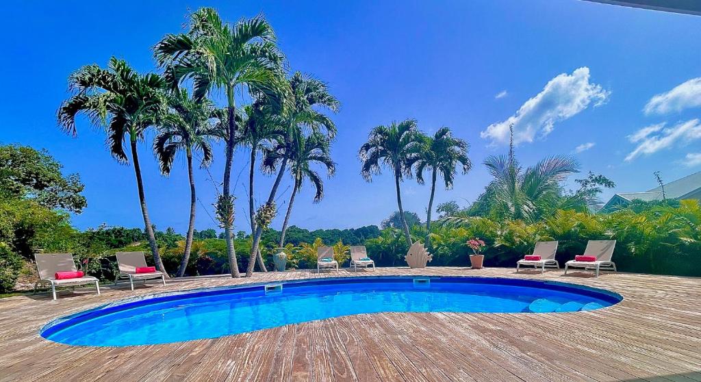サン・フランソワにあるVilla Oasis St François 5 Étoilesの椅子とヤシの木のあるプール