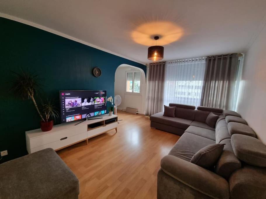 un salon avec un canapé et une télévision à écran plat dans l'établissement Comme chez vous, à Villeurbanne