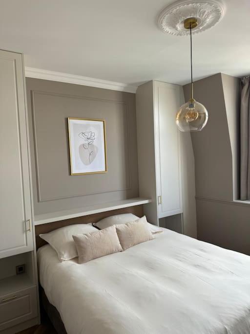 une chambre avec un grand lit blanc avec deux oreillers dans l'établissement Bel appartement climatisé en plein cœur de Lille, à Lille