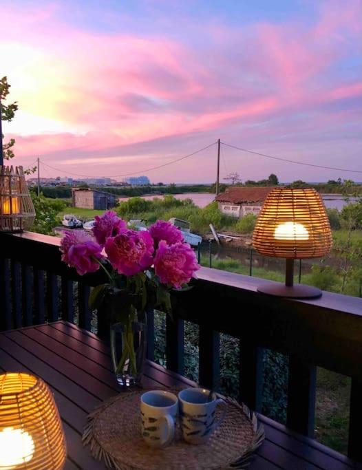 un vase de fleurs roses sur une table sur un balcon dans l'établissement T3 duplex Port de La Teste Bassin d Arcachon, à La Teste-de-Buch