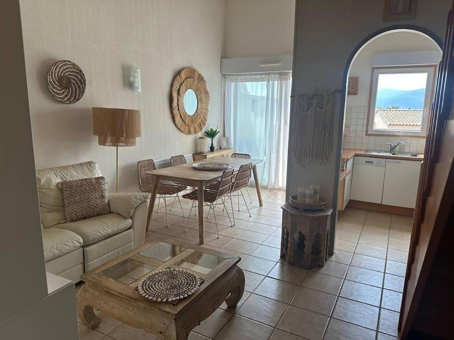 un salon avec un canapé et une table dans l'établissement L ECUME- Grand T4 duplex avec terrasses - Piscine - Parking, à Saint-Cyprien