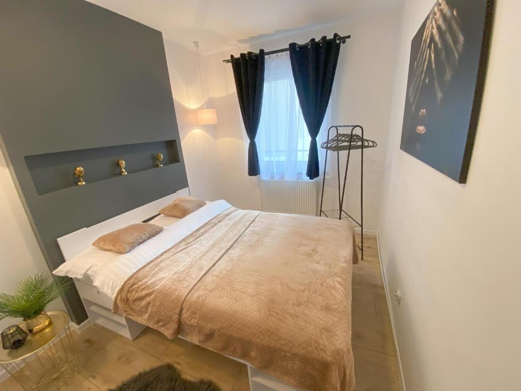 een slaapkamer met een bed en een raam bij Apartamenty Zielona in Zielona Góra