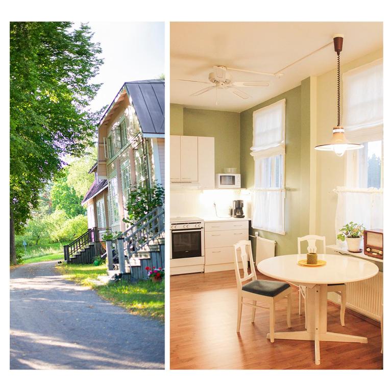 two pictures of a kitchen and a table in a house at Poutapilvi in Bollstad