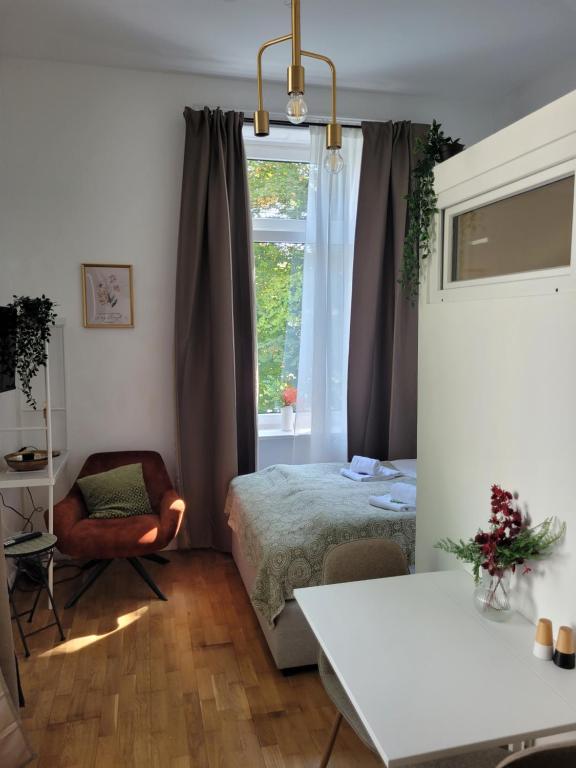 a bedroom with a bed and a window at STAY Studio 1 zentral Balkon Parkplatz in Bad Pyrmont