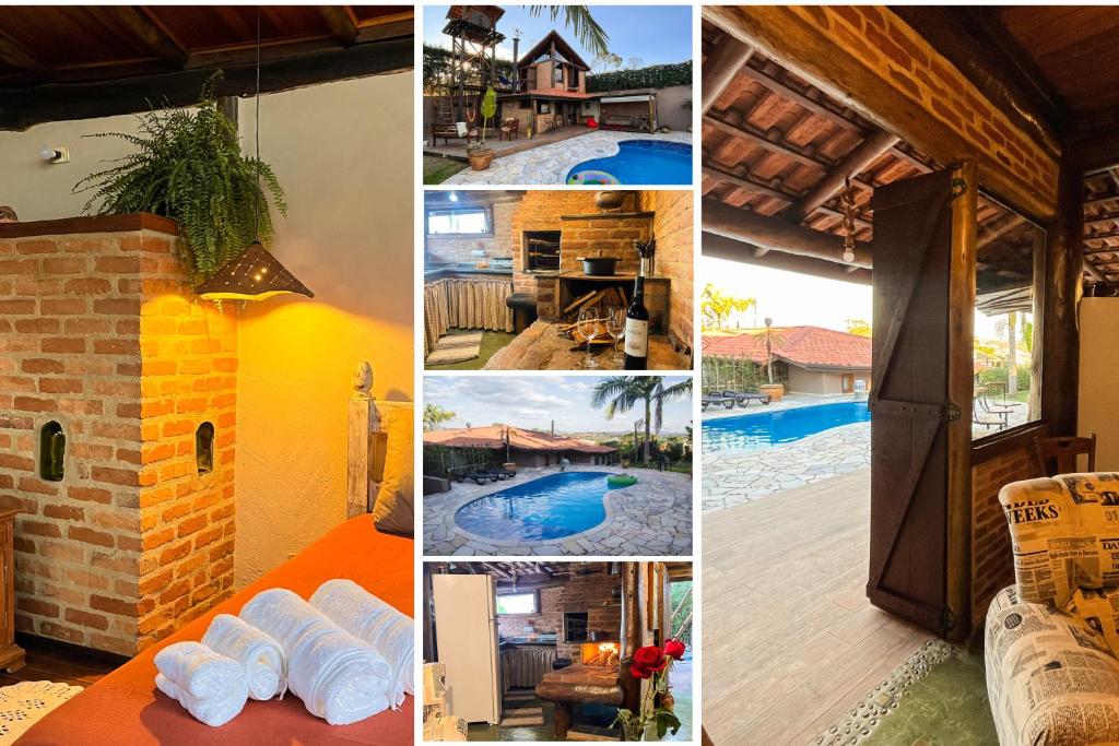 un collage de fotos de una casa con piscina en Casa de Hospedes Chalé Rustico com Banheira e Piscina Privativa a 1h de SP Espaço Totalmente Privativo, en Atibaia