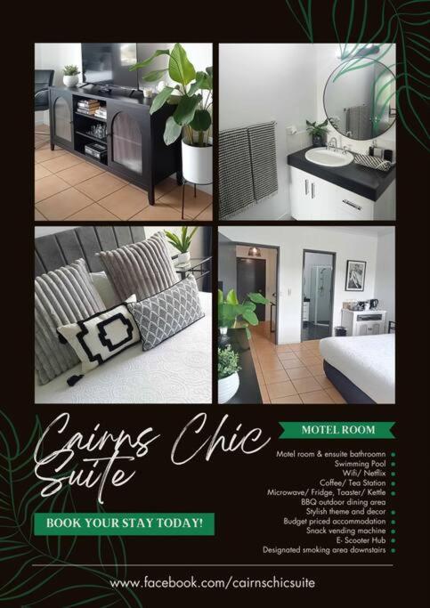 a collage of pictures of a living room and a kitchen at Cairns Chic Suite - Motel Room A in Woree