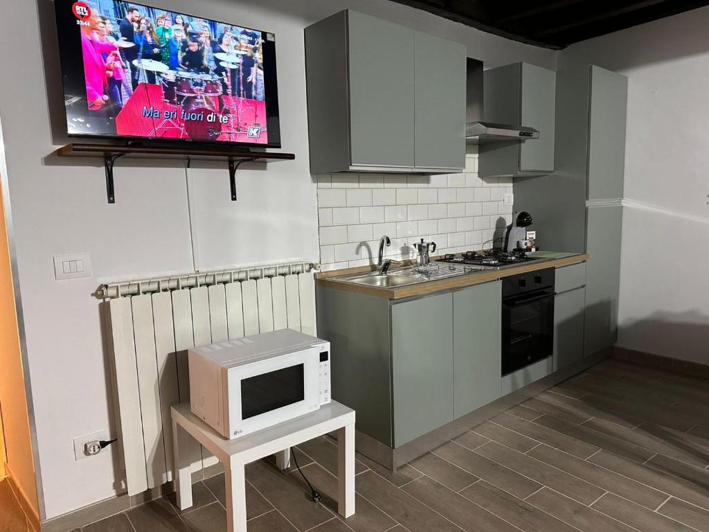 a kitchen with a tv on the wall and a microwave at Casa Ludovica Trastevere in Rome