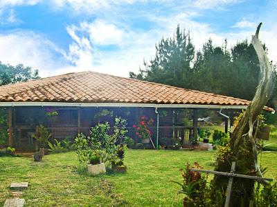 una casa en un patio con césped Sidx Sidx Sidx Sidx Sidx en Hospedaje Rural Misia Emilia, en Medellín