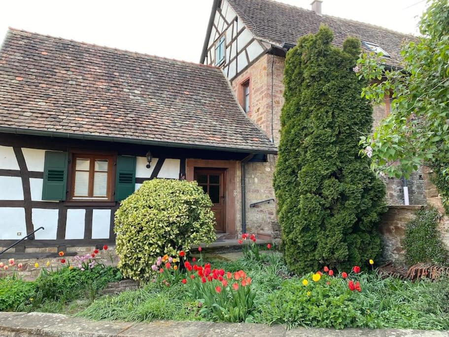 une vieille maison avec des fleurs devant elle dans l'établissement Studio de charme à Niederbronn-les-Bains, à Niederbronn-les-Bains