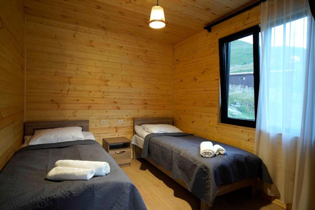 乌树故里Ushguli Highland Cottage的小木屋内的两张床,设有窗户